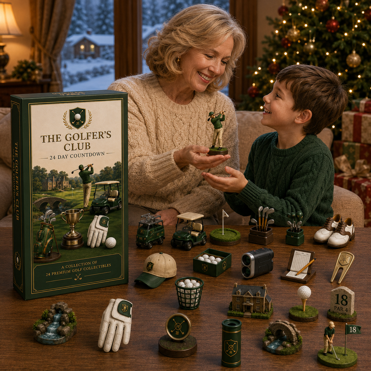 Family sharing golf advent calendar miniature during Christmas