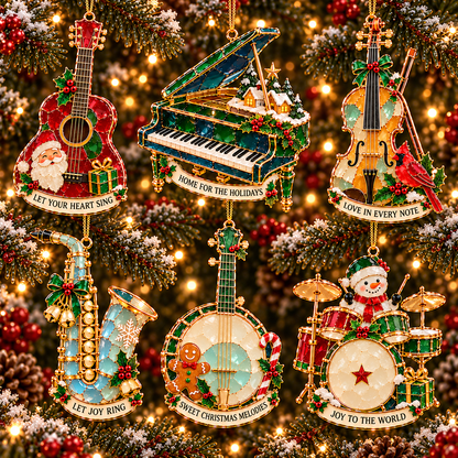 Christmas Melodies – 6-Piece Stained-Glass-Style Musical Instrument Ornament Set | A Christmas Gift for Music Lovers