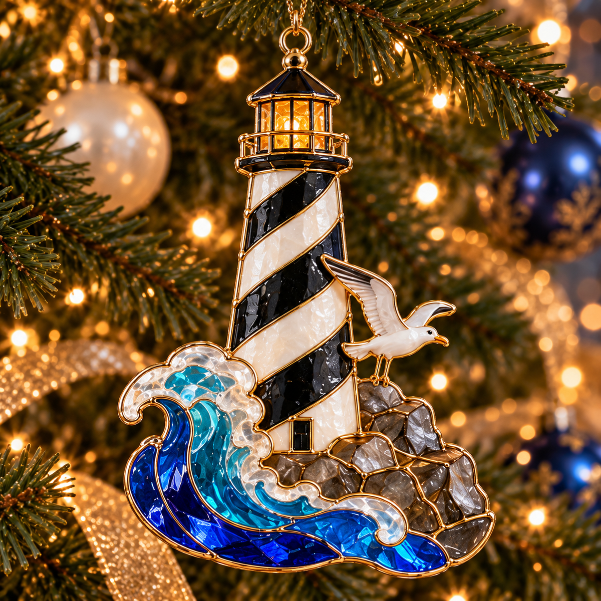 Coastal Lighthouse Christmas Ornaments – Vintage Stained Glass Style, Set of 6
