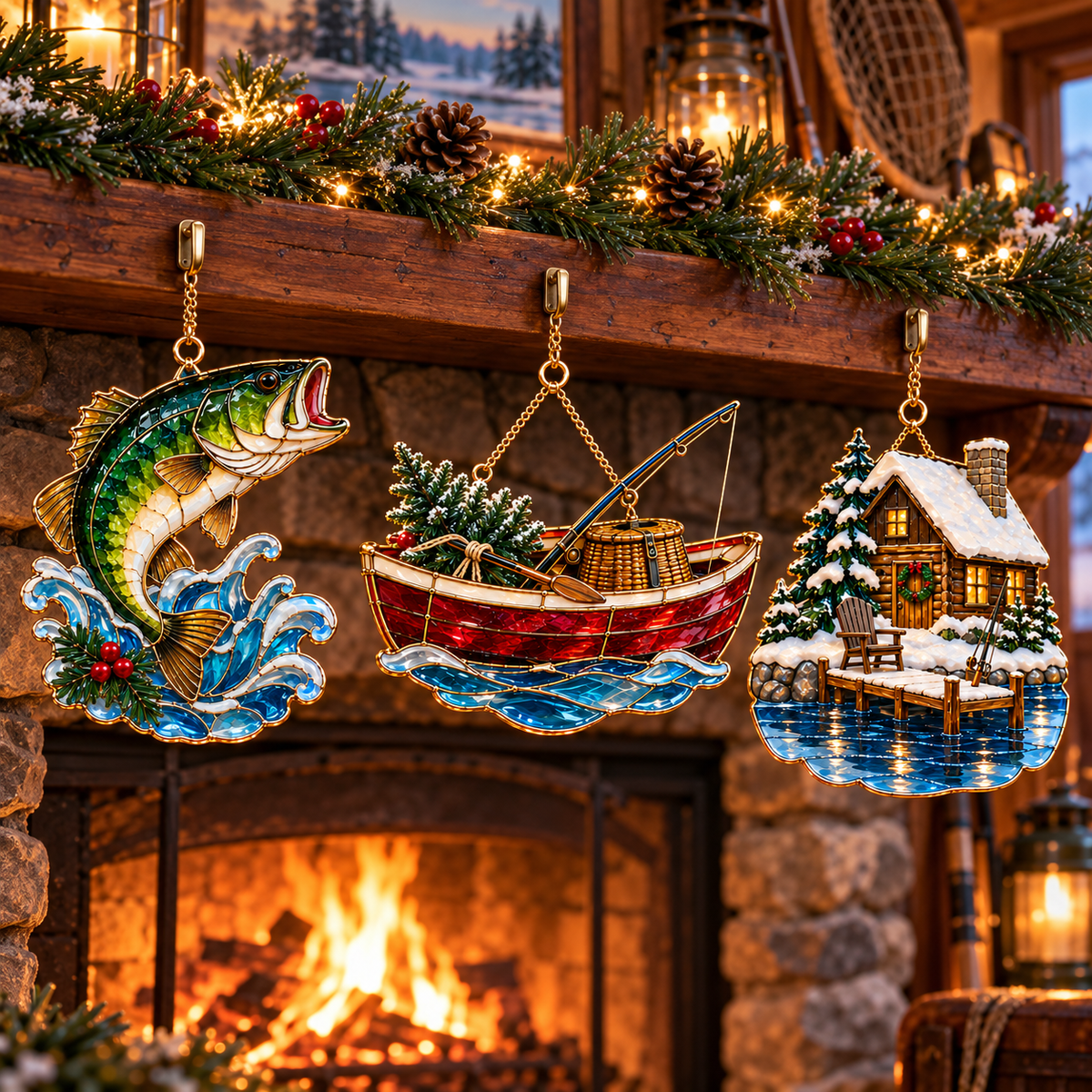 Reel in the Christmas Magic — Vintage Stained Glass–Style Fishing Ornaments, Set of 6