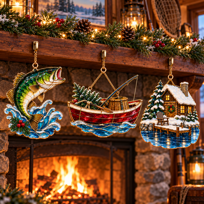 Reel in the Christmas Magic — Vintage Stained Glass–Style Fishing Ornaments, Set of 6