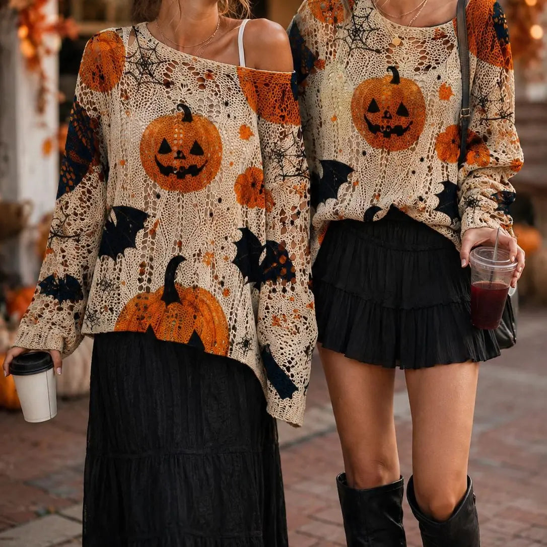 Women's Long-Sleeve Style Knitwear Piece, Halloween Pumpkin-Bat Print Casual Fall Pullover🎃 - image 8