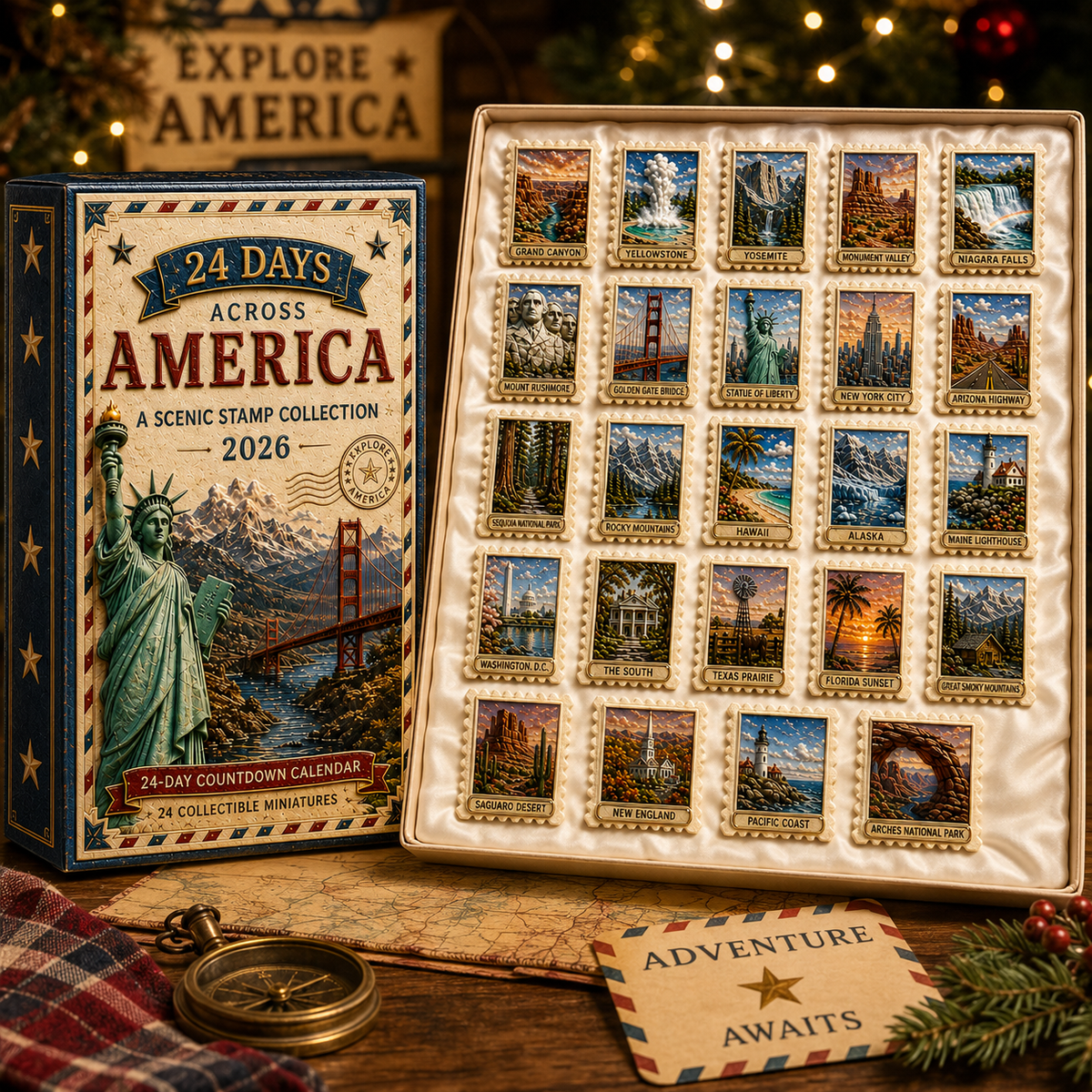 2026 24-Day Across America Advent Calendar – 24 Collectible Scenic Stamp Miniatures Featuring Iconic U.S. Landmarks, A Unique Christmas Gift for Travel Lovers & Collectors