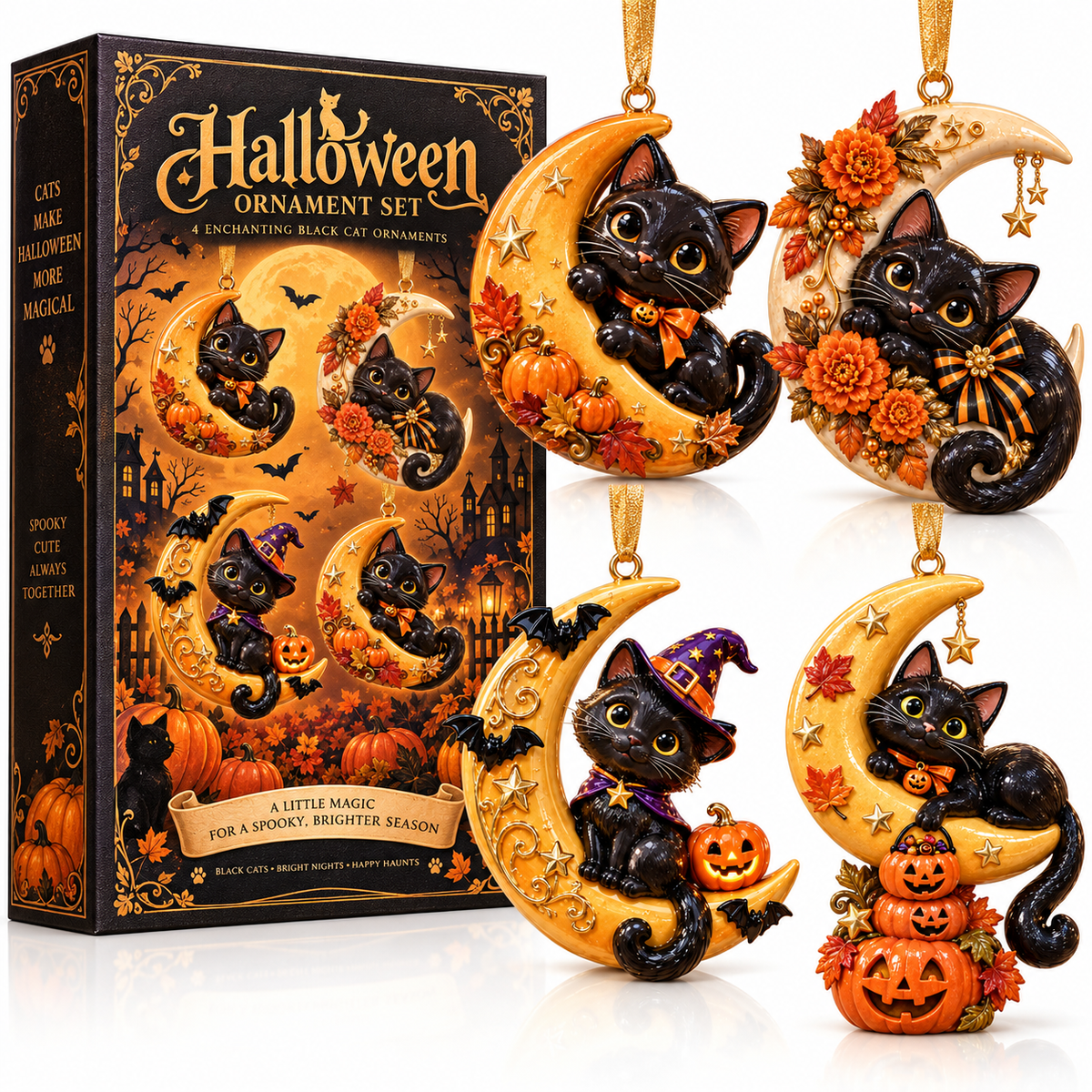 Black Cat Crescent Moon Halloween Ornament -  Spooky-Cute Hanging Keepsake Collection, Festive Halloween Gift for Cat Lovers & Family