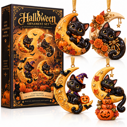 Black Cat Crescent Moon Halloween Ornament -  Spooky-Cute Hanging Keepsake Collection, Festive Halloween Gift for Cat Lovers & Family