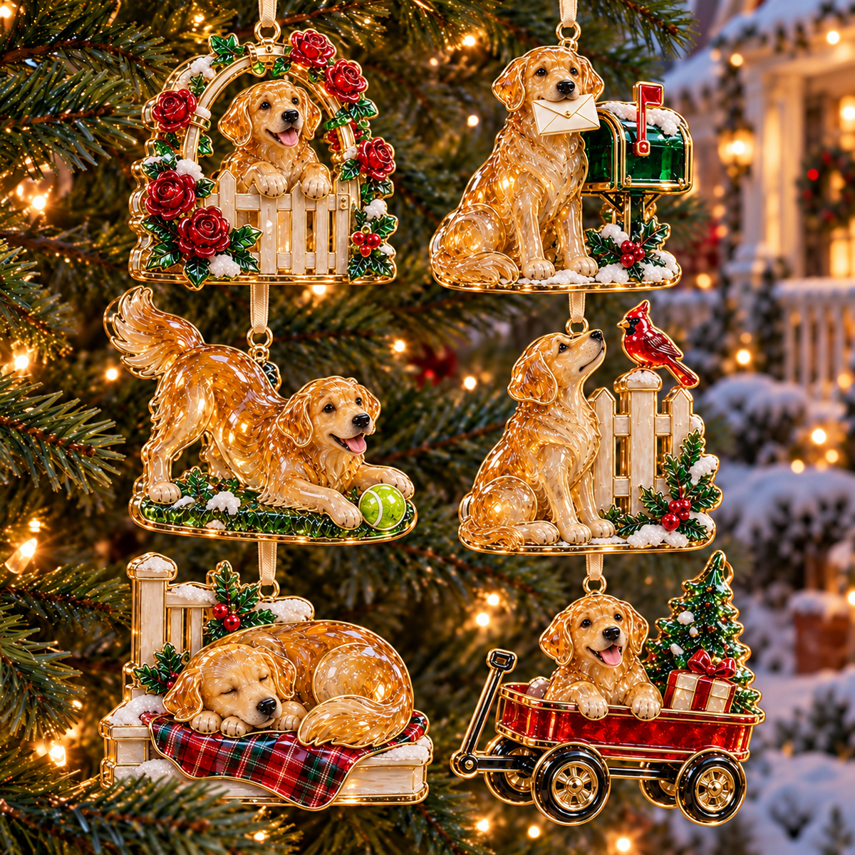 Complete six piece Golden Retriever Christmas ornament set