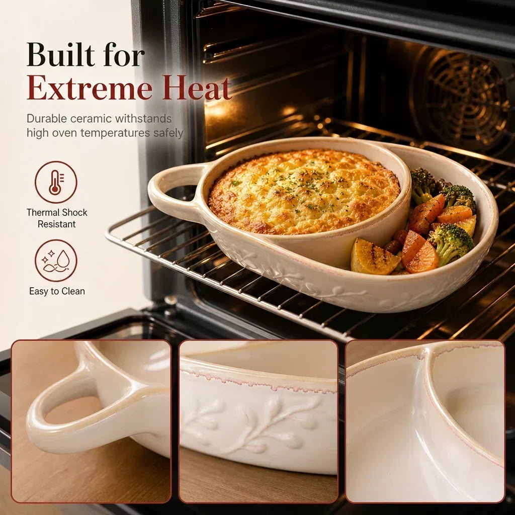 🍲Retro Ceramic Divided Baking Dish, Dual Compartment Vintage Serving Dish