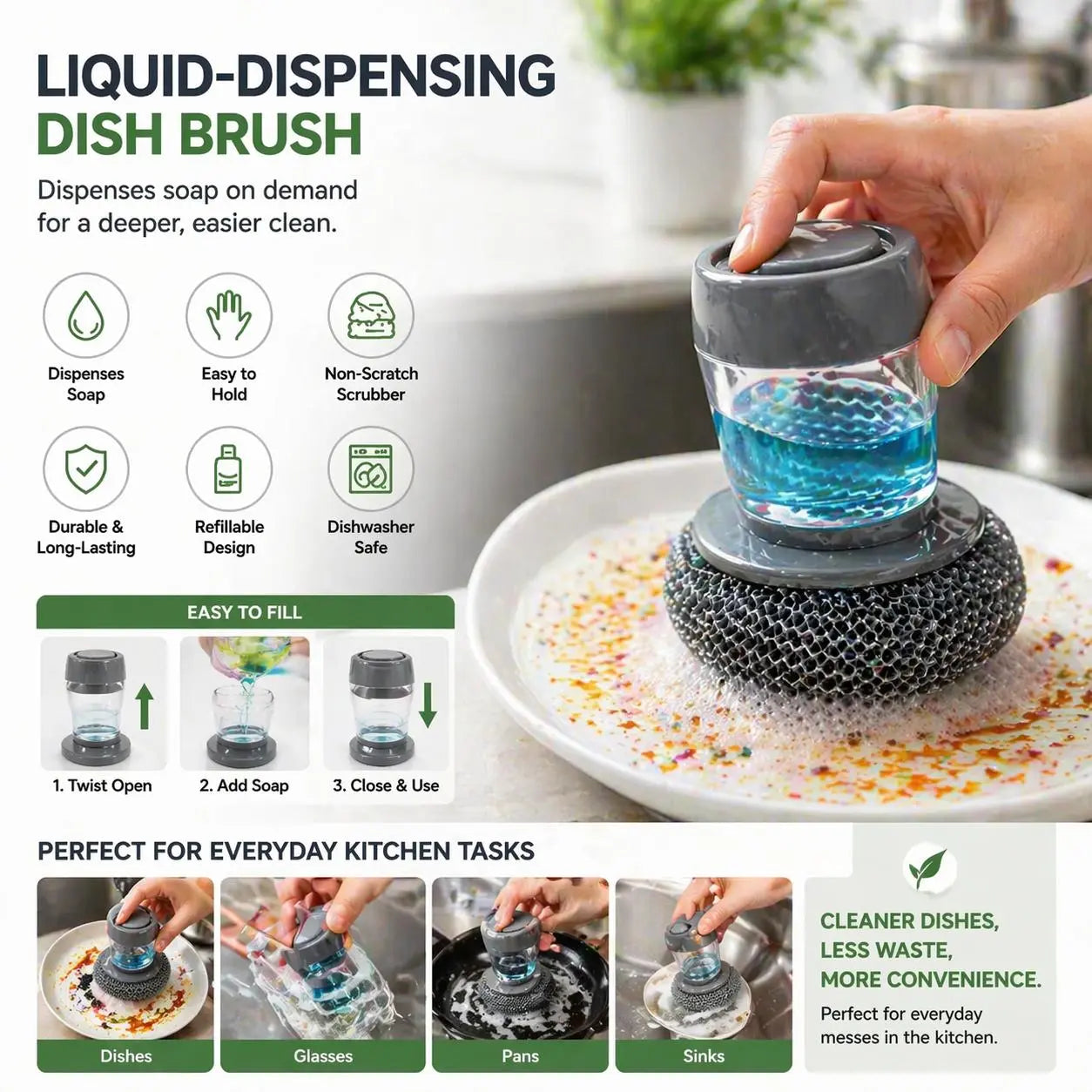 Plastic Auto-Dispense Dish Brush - Multifunctional Pot Scrubber🧼 - image 2