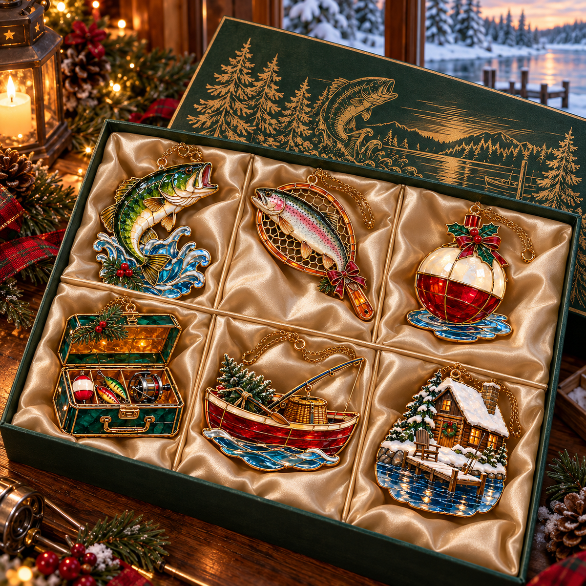 Reel in the Christmas Magic — Vintage Stained Glass–Style Fishing Ornaments, Set of 6