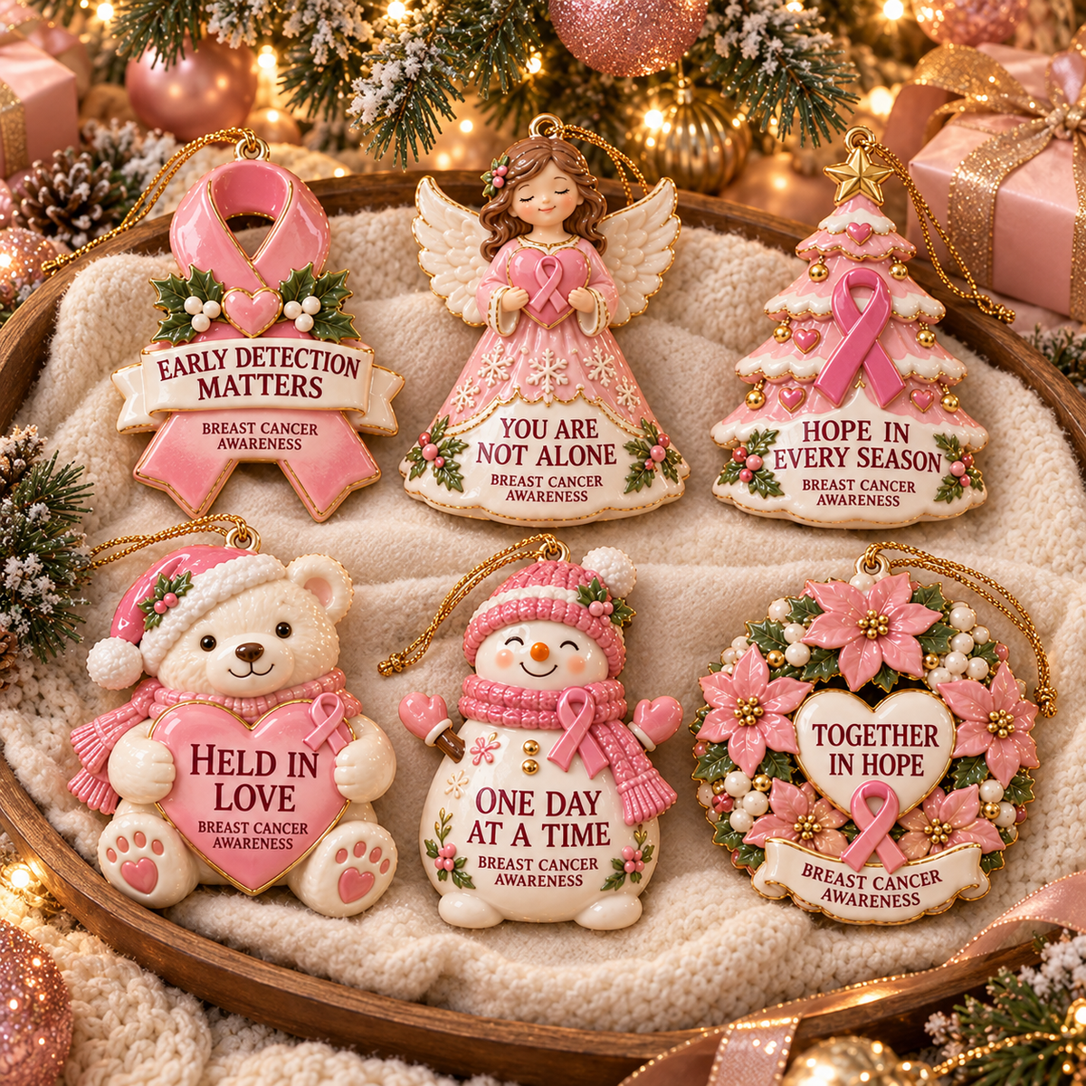 Pink Ribbon Christmas Ornaments – 6-Piece Breast Cancer Awareness Gift Set of Hope, Love & Support