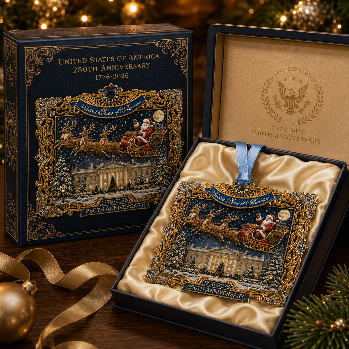 250th Anniversary Christmas Ornament 2026 – USA Heritage Santa Sleigh Collectible | Limited-Edition Patriotic Holiday Tree Decor