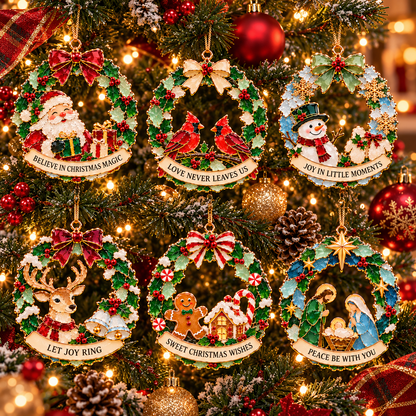 Christmas Wishes Wreath Ornaments – 6 Festive Designs in Stained Glass Style