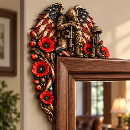 Fallen Hero Memorial Door Frame Corner Décor – Patriotic Angel Wings, Soldier’s Cross & Red Poppy Veteran Remembrance Tribute