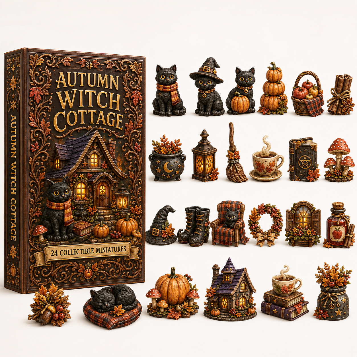 Autumn Witch Cottage Advent Calendar 2026 – 24 Cozy Witchy Miniatures, Black Cat Collectibles & Magical Fall Cottage Surprises, Acrylic Charms Blind Box
