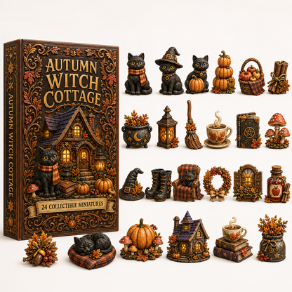 Autumn Witch Cottage Advent Calendar 2026 – 24 Cozy Witchy Miniatures, Black Cat Collectibles & Magical Fall Cottage Surprises, Acrylic Charms Blind Box