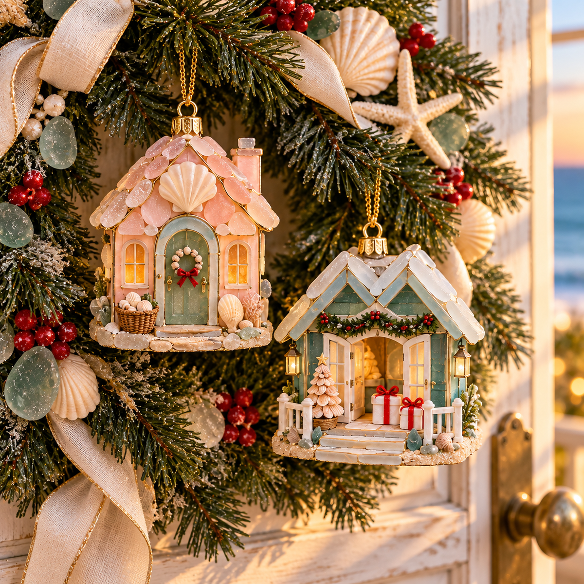 🌊 2026 Coastal Christmas Cottage Ornaments – Set of 6 Beach House Holiday Keepsakes