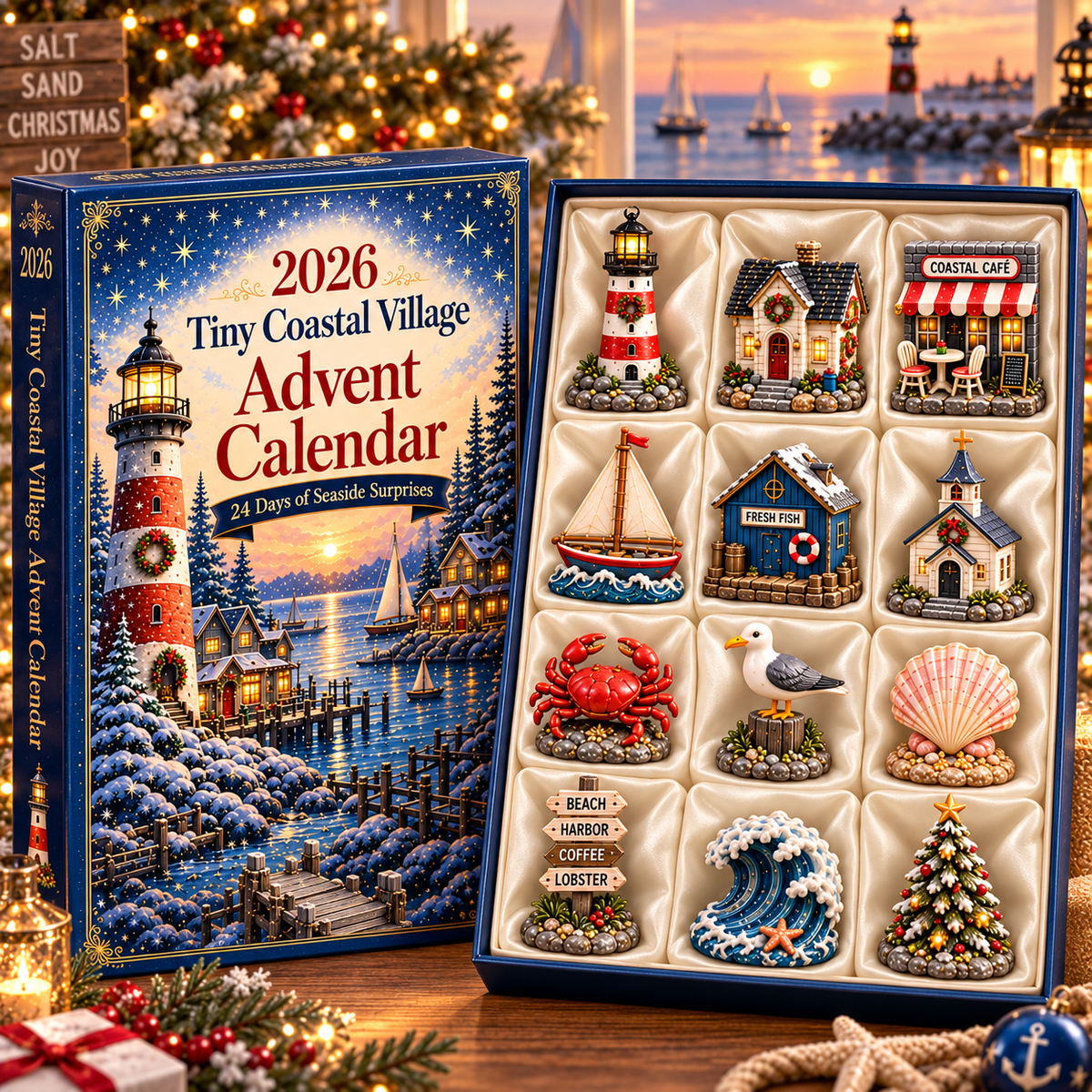 Tiny Coastal Village Advent Calendar 2026 – 24 Days of Seaside Surprises with 24 Unique Collectible Miniatures, Lighthouse & Harbor Christmas Gift for Coastal Lovers