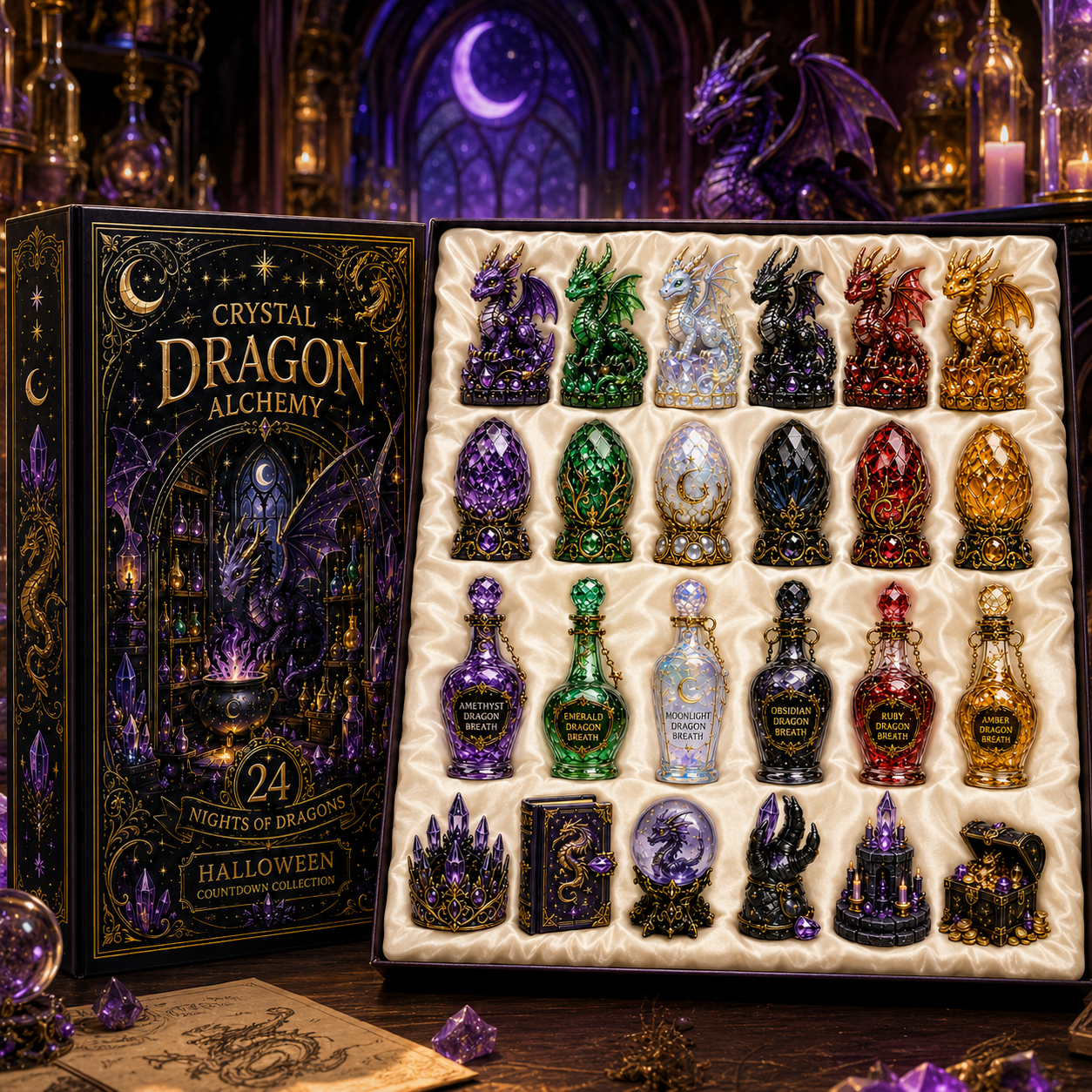 Crystal Dragon Alchemy Halloween Countdown Collection – 24 Nights of Dragons, Crystal Eggs & Magical Potion Miniatures for Fantasy Collectors