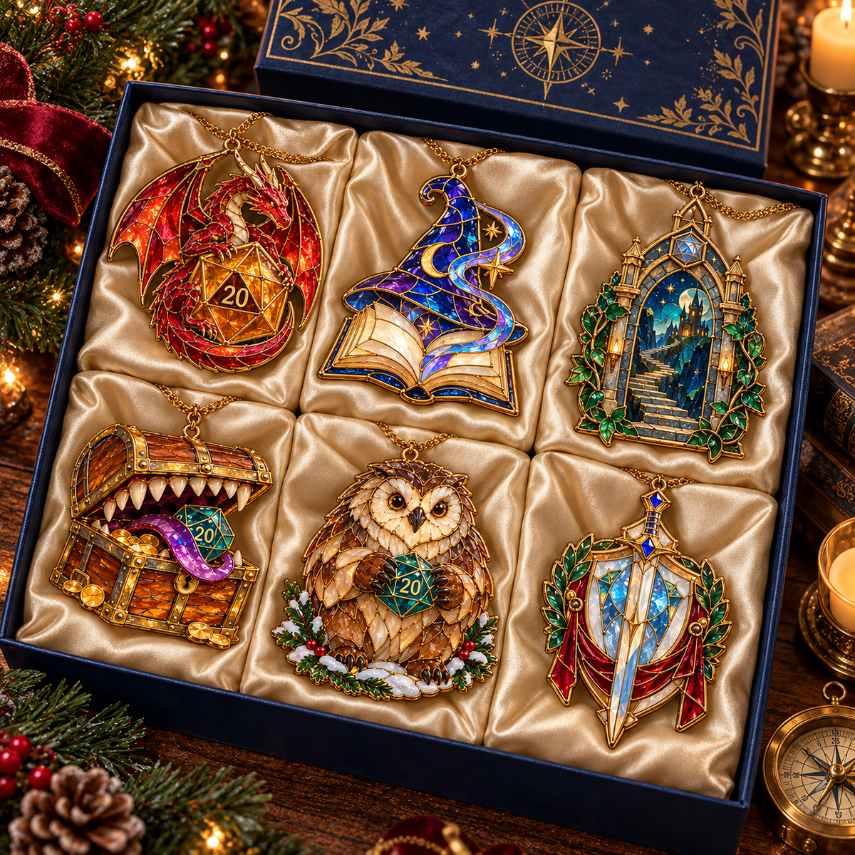Enchanted Realms – 6-Piece Vintage Stained Glass-Style Fantasy Christmas Ornament Set