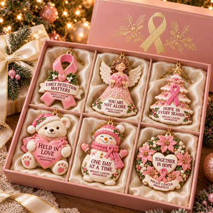 Pink Ribbon Christmas Ornaments – 6-Piece Breast Cancer Awareness Gift Set of Hope, Love & Support
