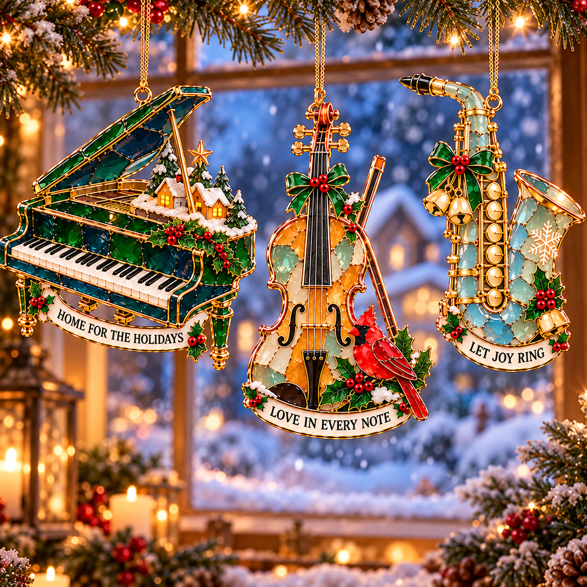 Christmas Melodies – 6-Piece Stained-Glass-Style Musical Instrument Ornament Set | A Christmas Gift for Music Lovers