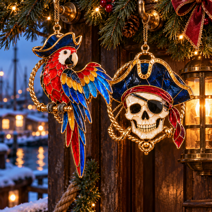 Pirate Adventures – Vintage Stained Glass-Style Christmas Ornaments, Set of 6