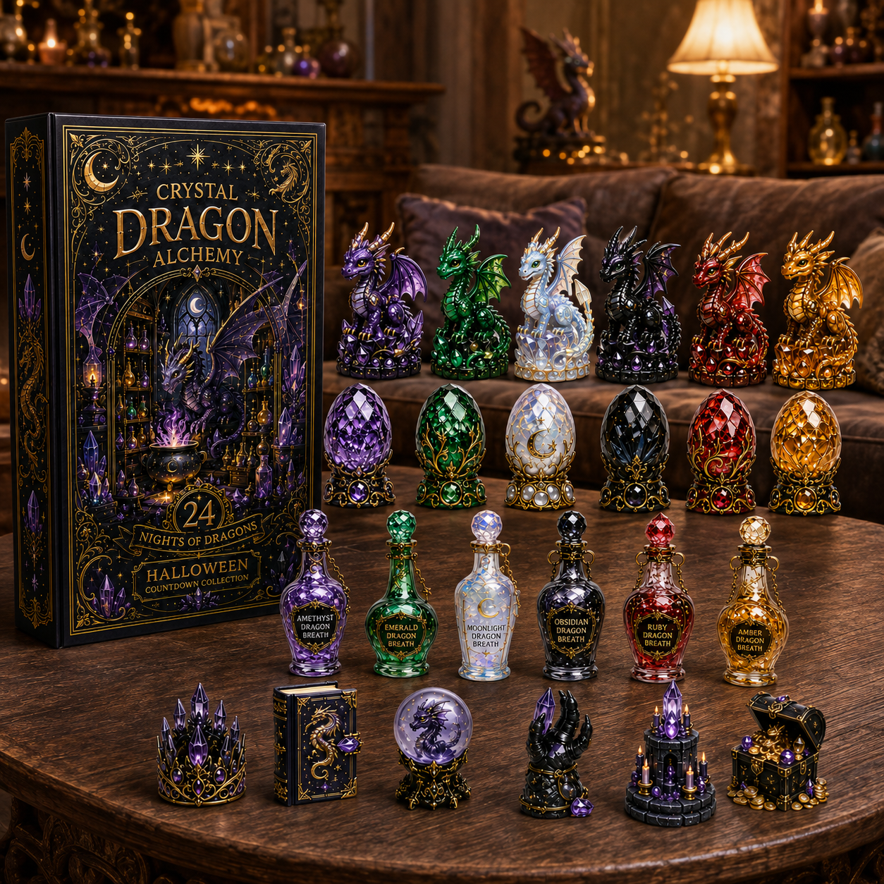 Crystal Dragon Alchemy Halloween Countdown Collection – 24 Nights of Dragons, Crystal Eggs & Magical Potion Miniatures for Fantasy Collectors