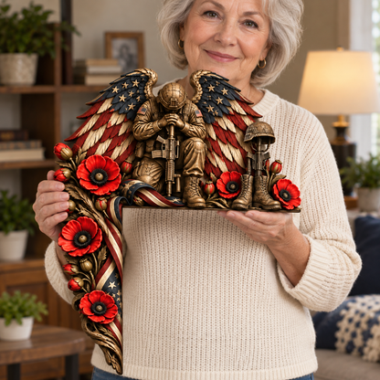 Fallen Hero Memorial Door Frame Corner Décor – Patriotic Angel Wings, Soldier’s Cross & Red Poppy Veteran Remembrance Tribute