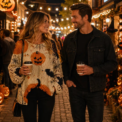 Women's Long-Sleeve Style Knitwear Piece, Halloween Pumpkin-Bat Print Casual Fall Pullover🎃 - image 7