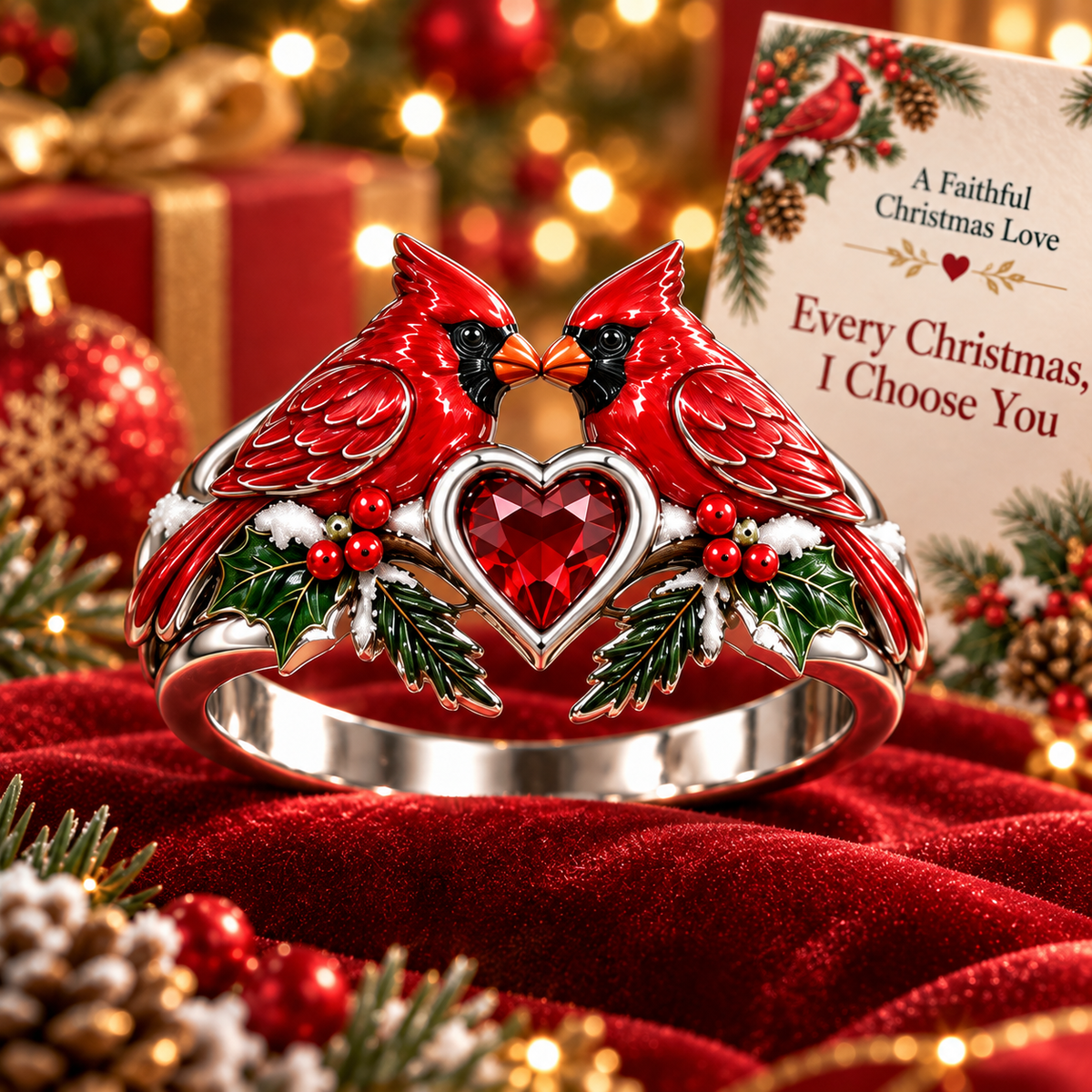 Every Christmas, I Choose You – Romantic Cardinal Heart Ring with Love Message Card, Meaningful Christmas Gift for Her