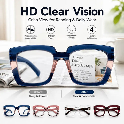Unisex Progressive Multifocal Photochromic Reading Eyeglasses, UV-Protective Photochromic Lenses 👓