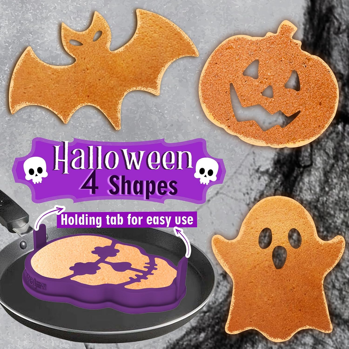 🎃 4-Piece Halloween Pancake Mold Set – Ghost, Bat, Pumpkin & Skull Silicone Breakfast Shapers - image 3