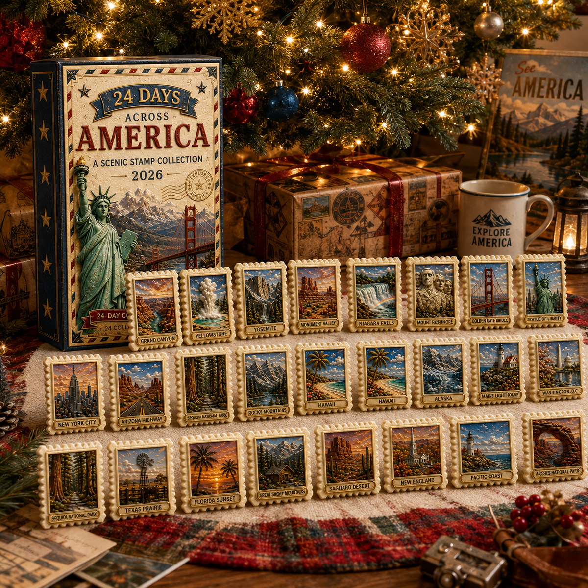 2026 24-Day Across America Advent Calendar – 24 Collectible Scenic Stamp Miniatures Featuring Iconic U.S. Landmarks, A Unique Christmas Gift for Travel Lovers & Collectors