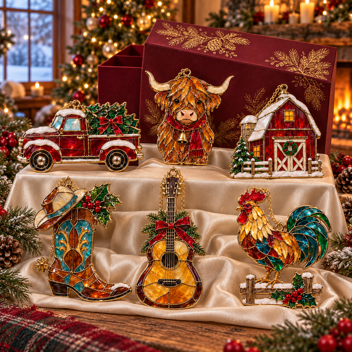 Country Christmas Charm – 6-Piece Vintage Stained Glass–Style Ornament Set