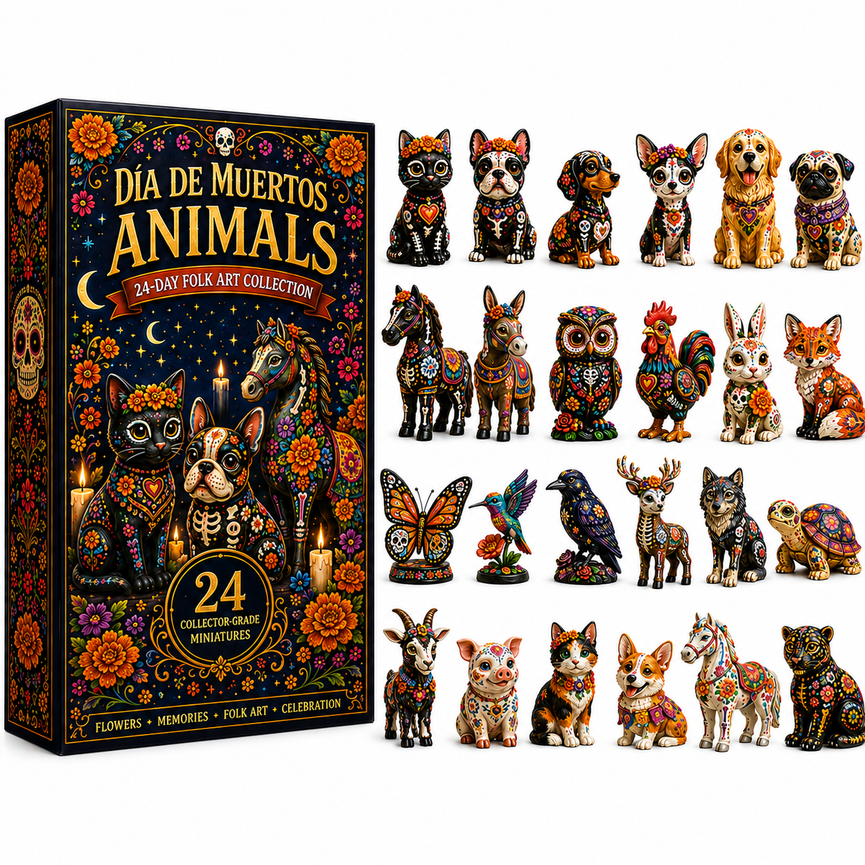 Día de Muertos Animals Advent Calendar 2026 – 24-Day Folk Art Animal Figurine Collection | 24 Unique Collector-Grade Miniatures