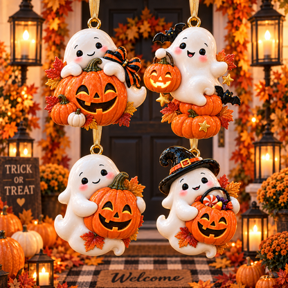 Cute Ghost & Pumpkin Halloween Ornament  –  Spooky-Cute Hanging Keepsake Collection, Fun Halloween Gift for Family & Ghost Lovers