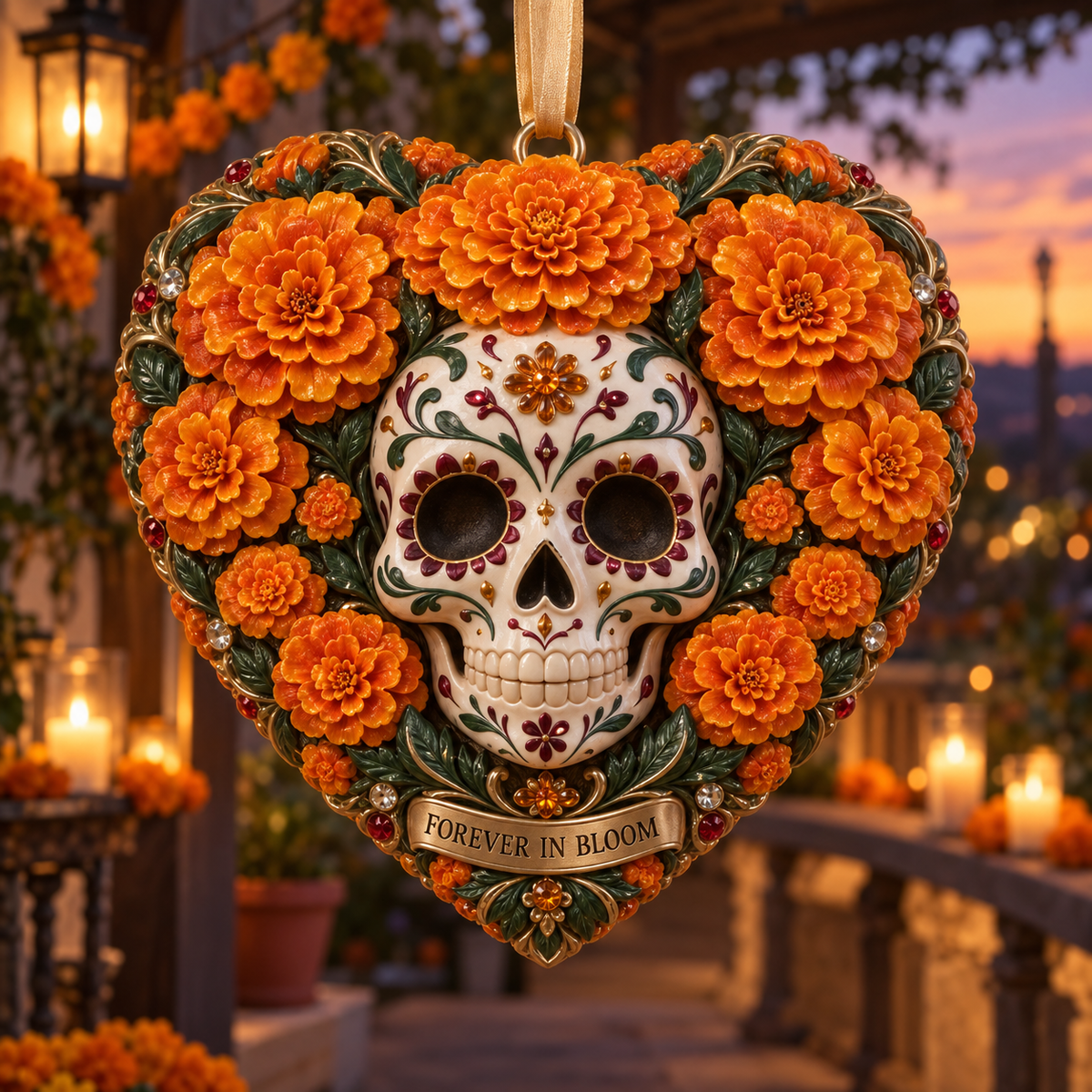 Día de Muertos Marigold Heart Ornaments –  “Forever in Our Hearts” Memorial Keepsake Collection