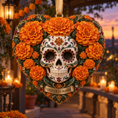 Día de Muertos Marigold Heart Ornaments –  “Forever in Our Hearts” Memorial Keepsake Collection