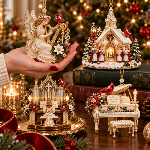 Heavenly Christmas Music Ornament -Church, Angel Harp, Cathedral Organ & Grand Piano Holiday Collection