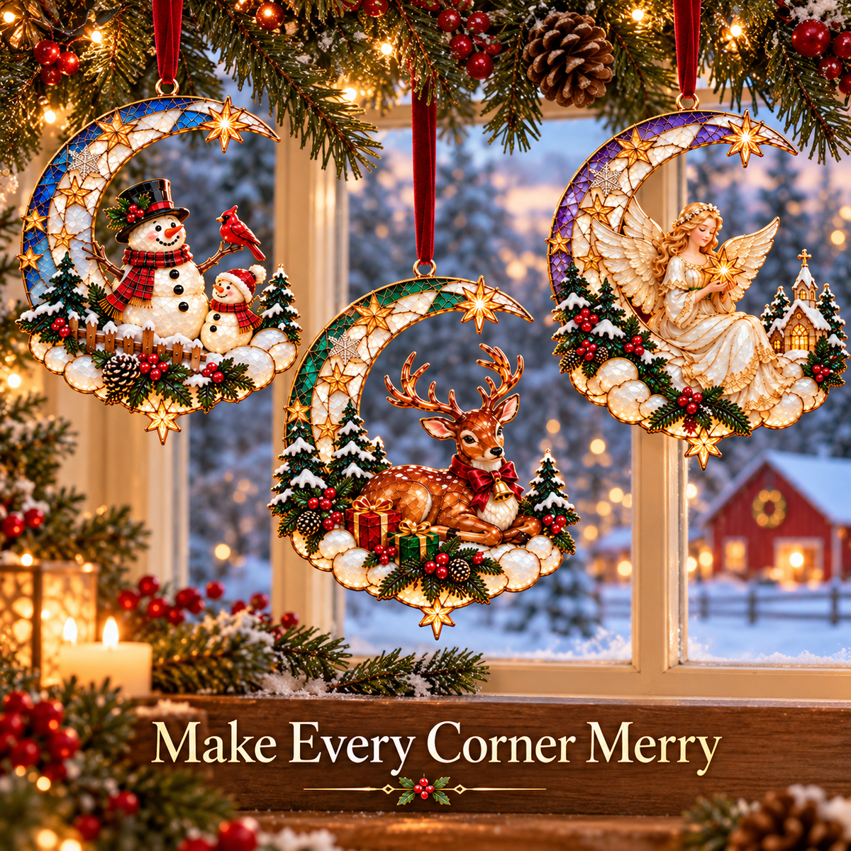 🌙 Moonlit Christmas – 6-Piece Storybook Crescent Moon Ornament Set