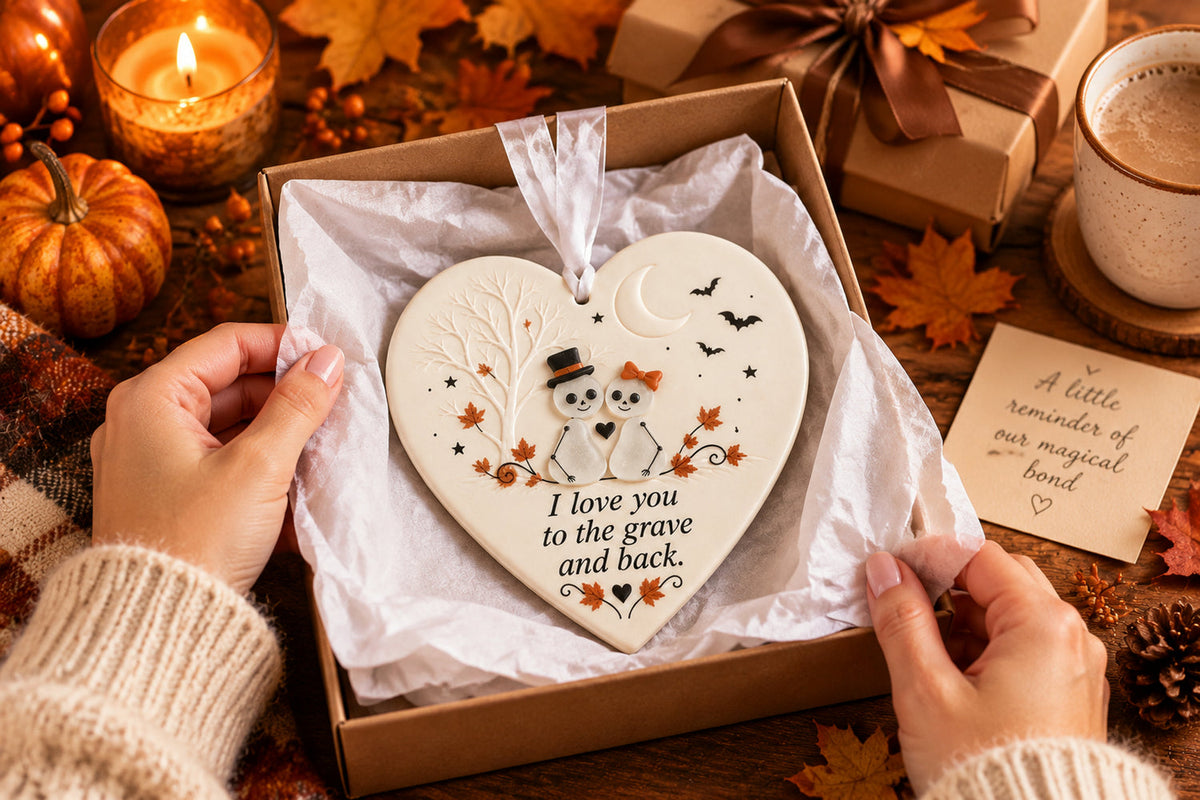 Heart-shaped Halloween keepsakes displayed as meaningful autumn gifts