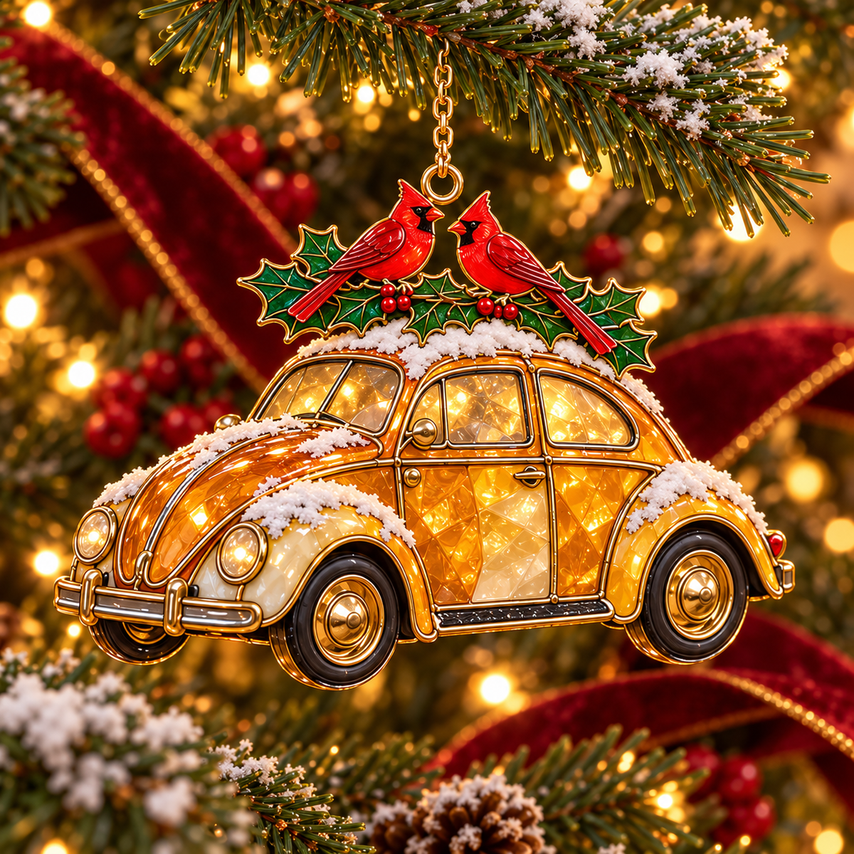 Vintage Christmas Rides – 6-Piece Stained-Glass Style Car Ornament Set