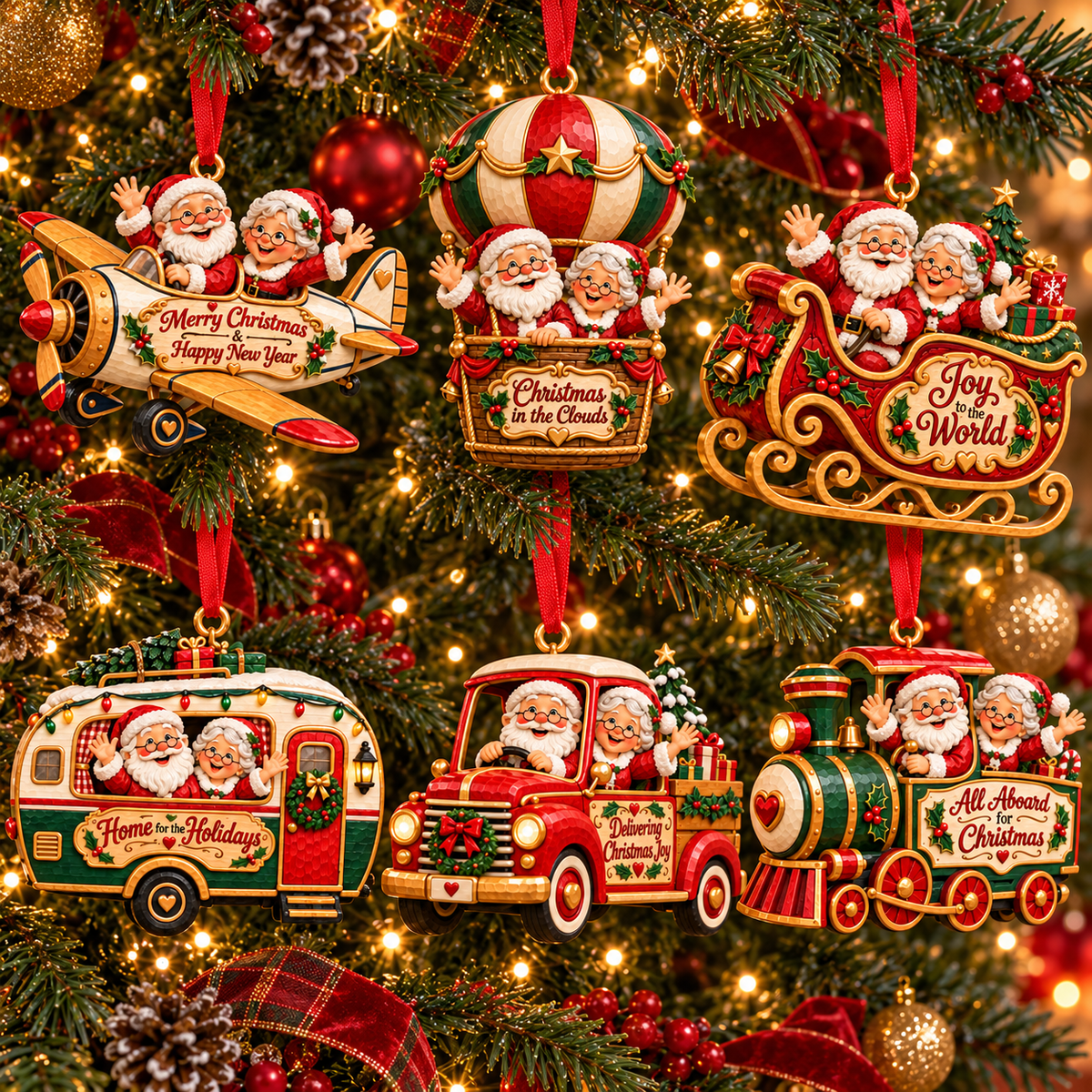 Santa & Mrs. Claus Christmas Adventures – Festive Tree Ornaments in 6 Charming Designs