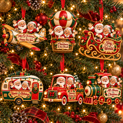 Santa & Mrs. Claus Christmas Adventures – Festive Tree Ornaments in 6 Charming Designs