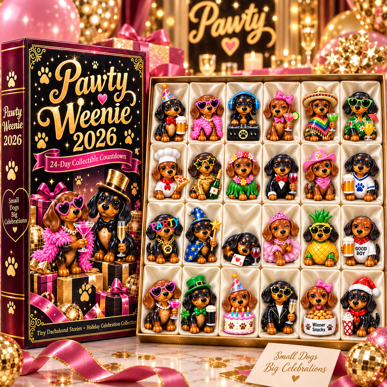 Pawty Weenie 2026 – 24-Day Dachshund Celebration Countdown Calendar with 24 Unique Collectible Miniatures, Fun Christmas Gift for Wiener Dog Lovers