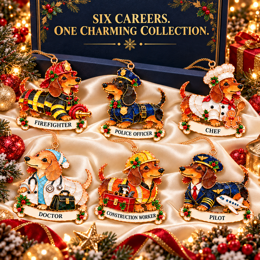 2026 Dachshunds at Work Christmas Ornaments – Set of 6 | Adorable Career-Themed Designs in Vintage Stained-Glass Style with Golden Details