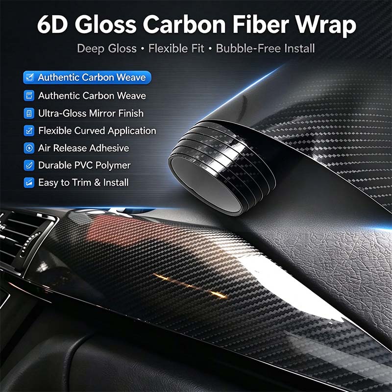 6D Gloss Carbon Fiber Vinyl Wrap Film, Self-Adhesive Car Interior Exterior Trim Decal 🚗