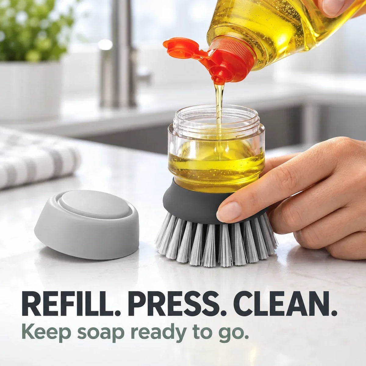 Soap Dispensing Dish Brush with Stand 🫧 Press. Scrub. Done.