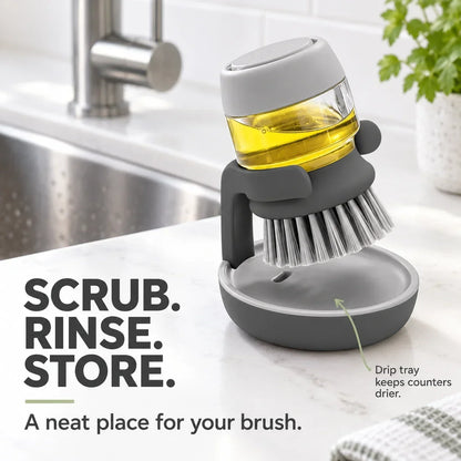 Soap Dispensing Dish Brush with Stand 🫧 Press. Scrub. Done.