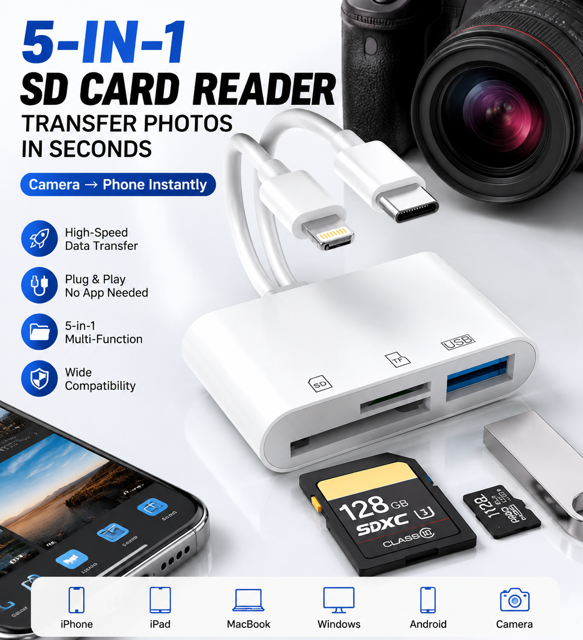 Hot💥Limited-time 50% discount🔌 5-in-1 SD Card Reader for iPhone & USB-C – Fast Photo & Video Transfer Adapter - image 1